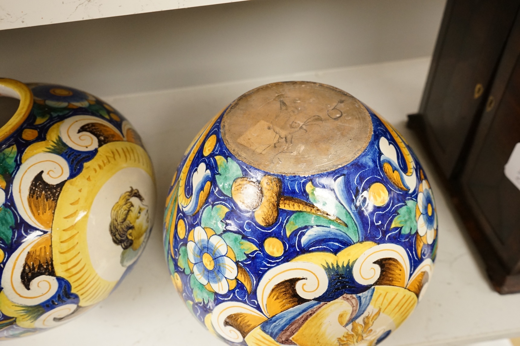 Ulisse Cantagalli (Italian, 1839-1901): A pair of large Italian maiolica globular jars